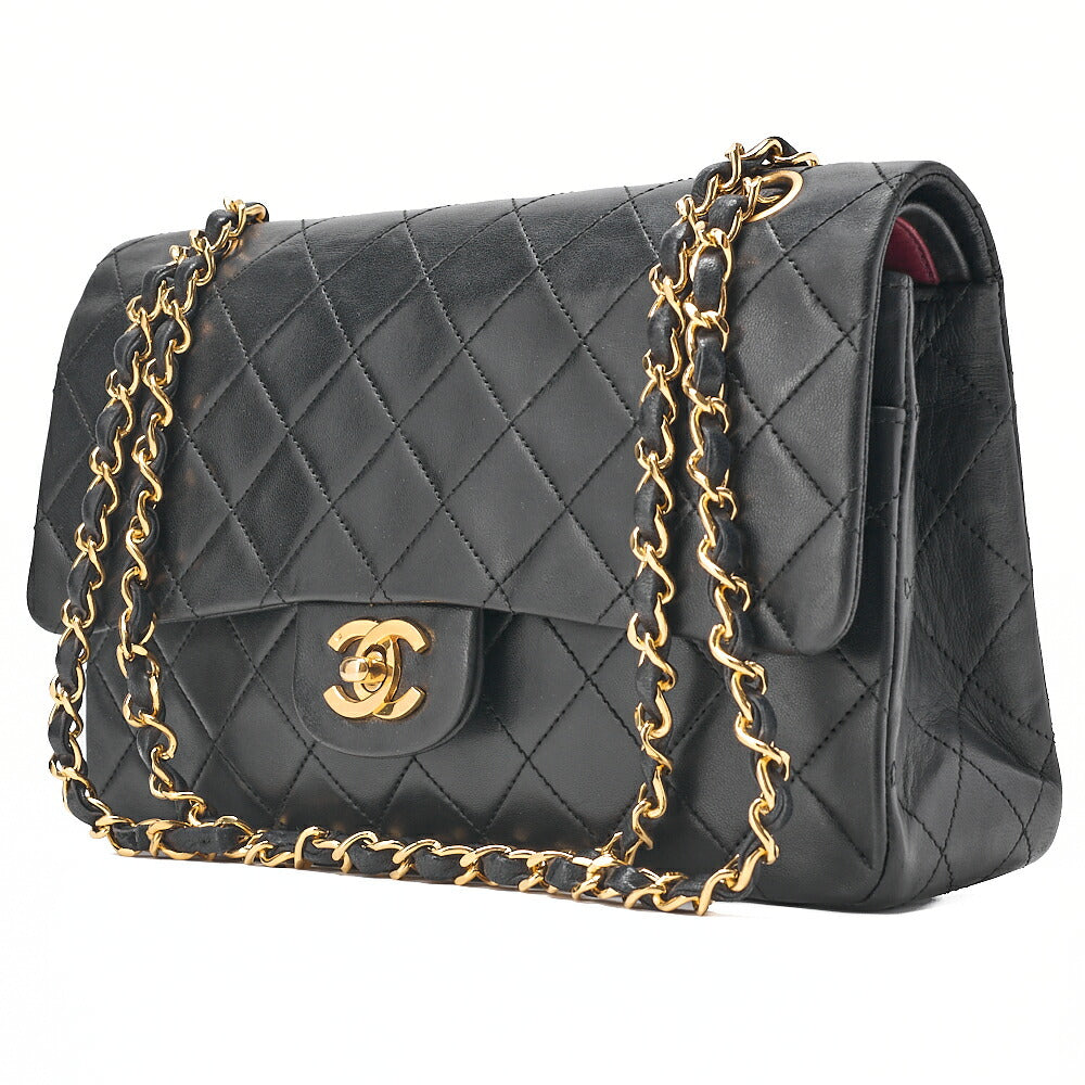 CHANEL Lambskin Matelasse 25cm Double Flap Chain Shoulder Black Gold-Tone Hardware, Pre-Owned