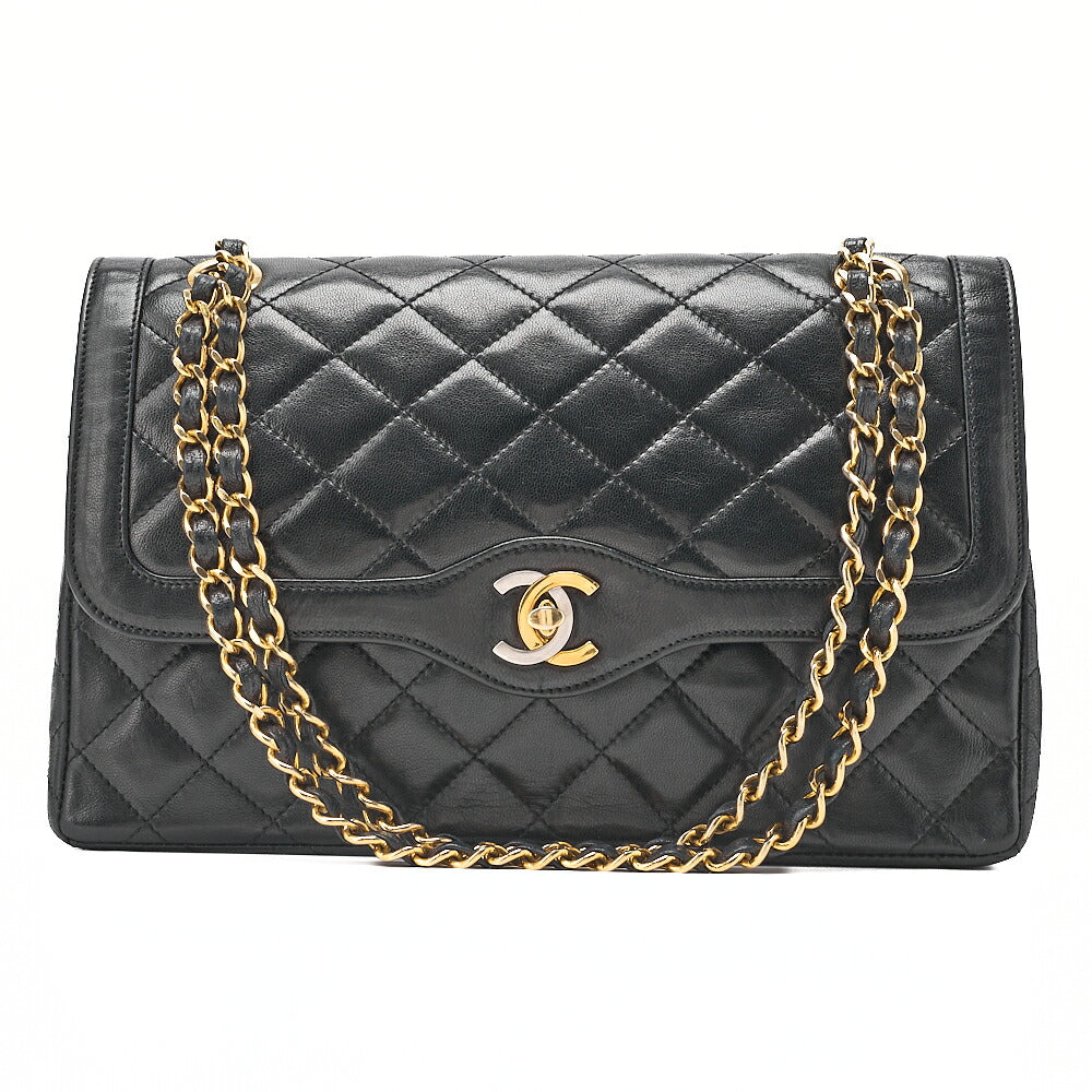 CHANEL Lambskin Matelasse 26cm Paris Limited Double Flap Shoulder Bag Black Gold-Tone Hardware, Pre-Owned