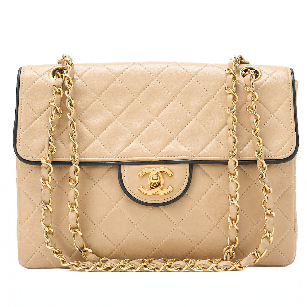 CHANEL Matelasse Single Plap Chain Shoulder Beige x Black Gold-Tone Hardware, Pre-Owned