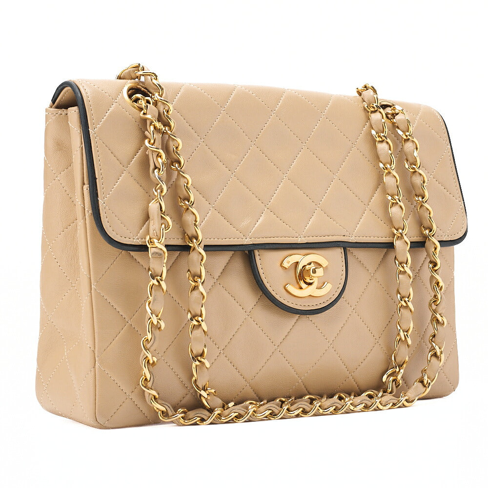 CHANEL Matelasse Single Plap Chain Shoulder Beige x Black Gold-Tone Hardware, Pre-Owned