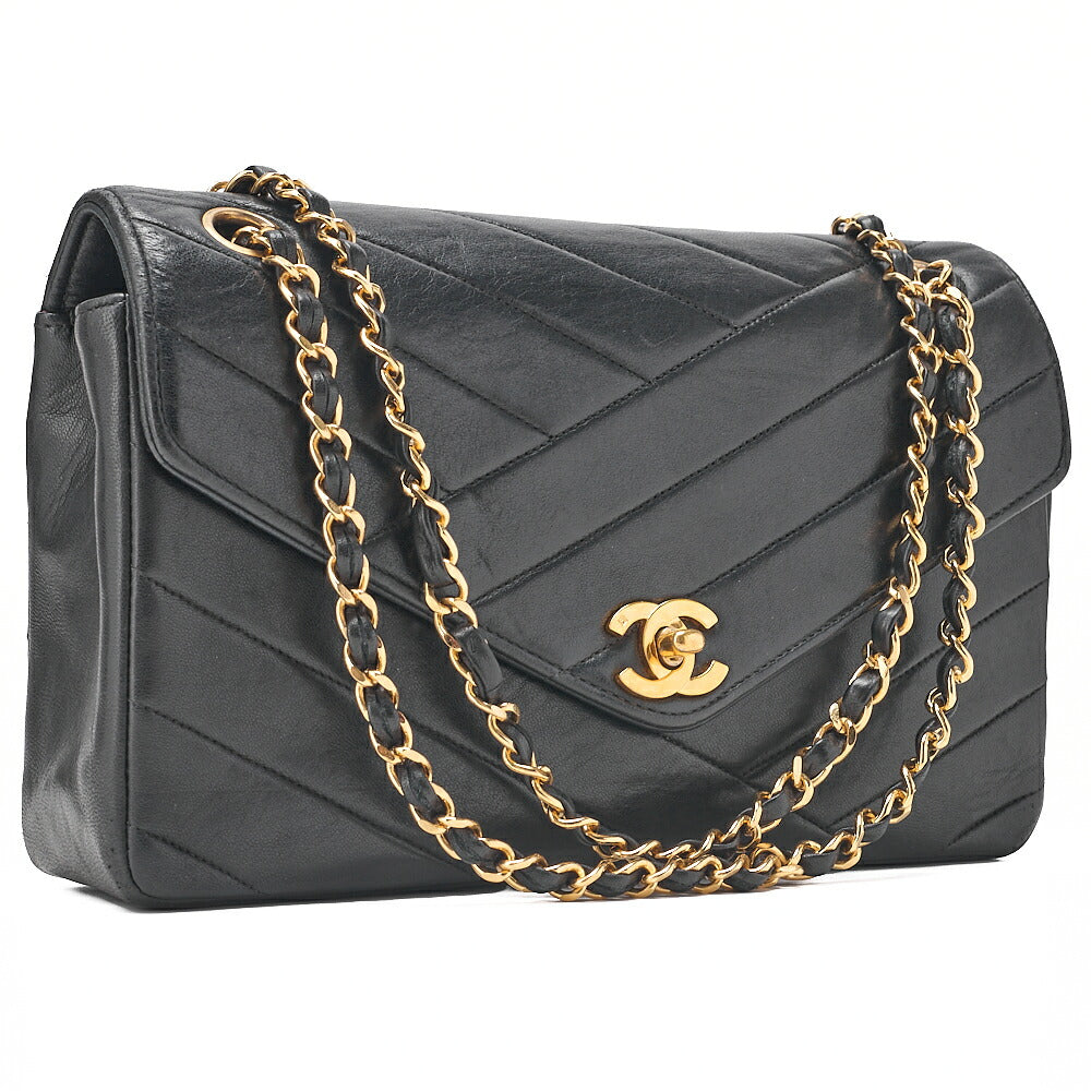 CHANEL Lambskin Bias Stitch Turn Lock Chain Shoulder Black Gold-Tone Hardware, Pre-Owned