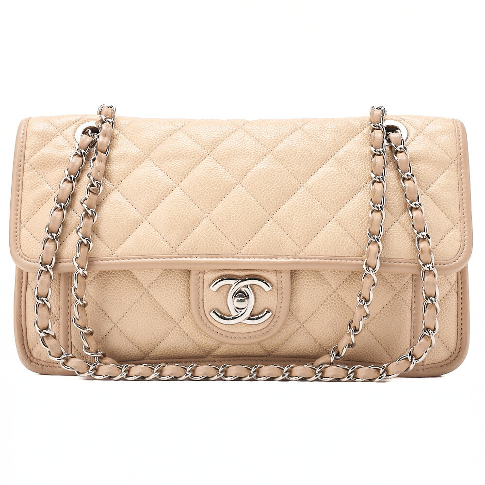 CHANEL Caviar Skin French Riviera Single Flap Chain Shoulder Bag Beige Silver-Tone Hardware, Pre-Owned