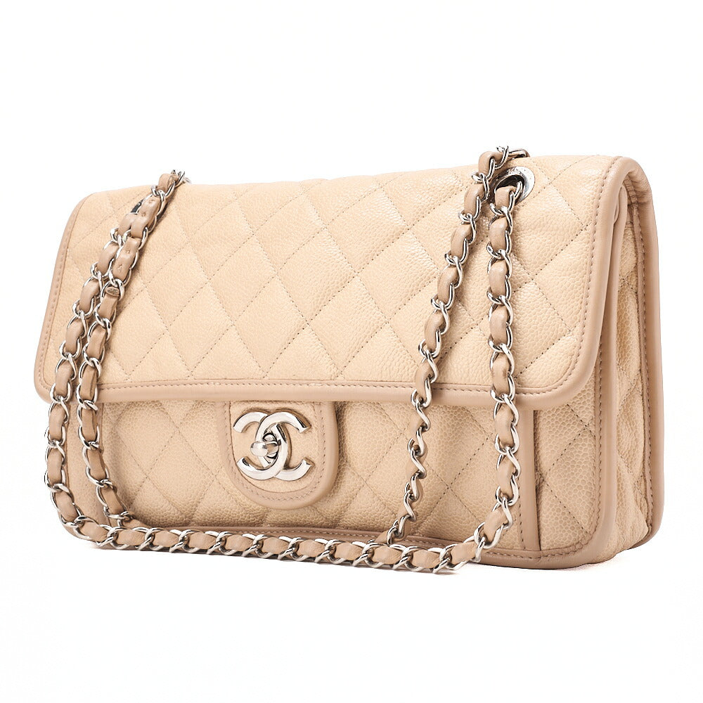 CHANEL Caviar Skin French Riviera Single Flap Chain Shoulder Bag Beige Silver-Tone Hardware, Pre-Owned