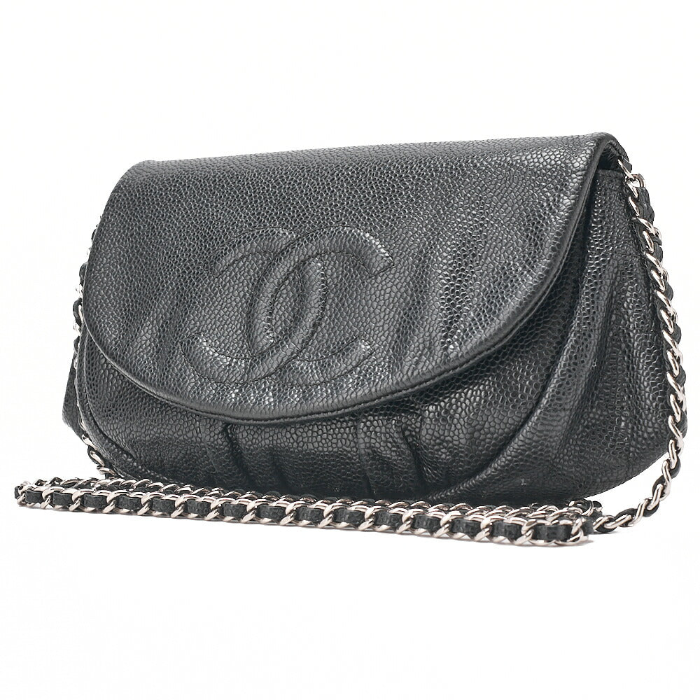 CHANEL Caviar Skin Coco Mark Half Moon Chain Wallet Black Silver-Tone Hardware, Pre-Owned