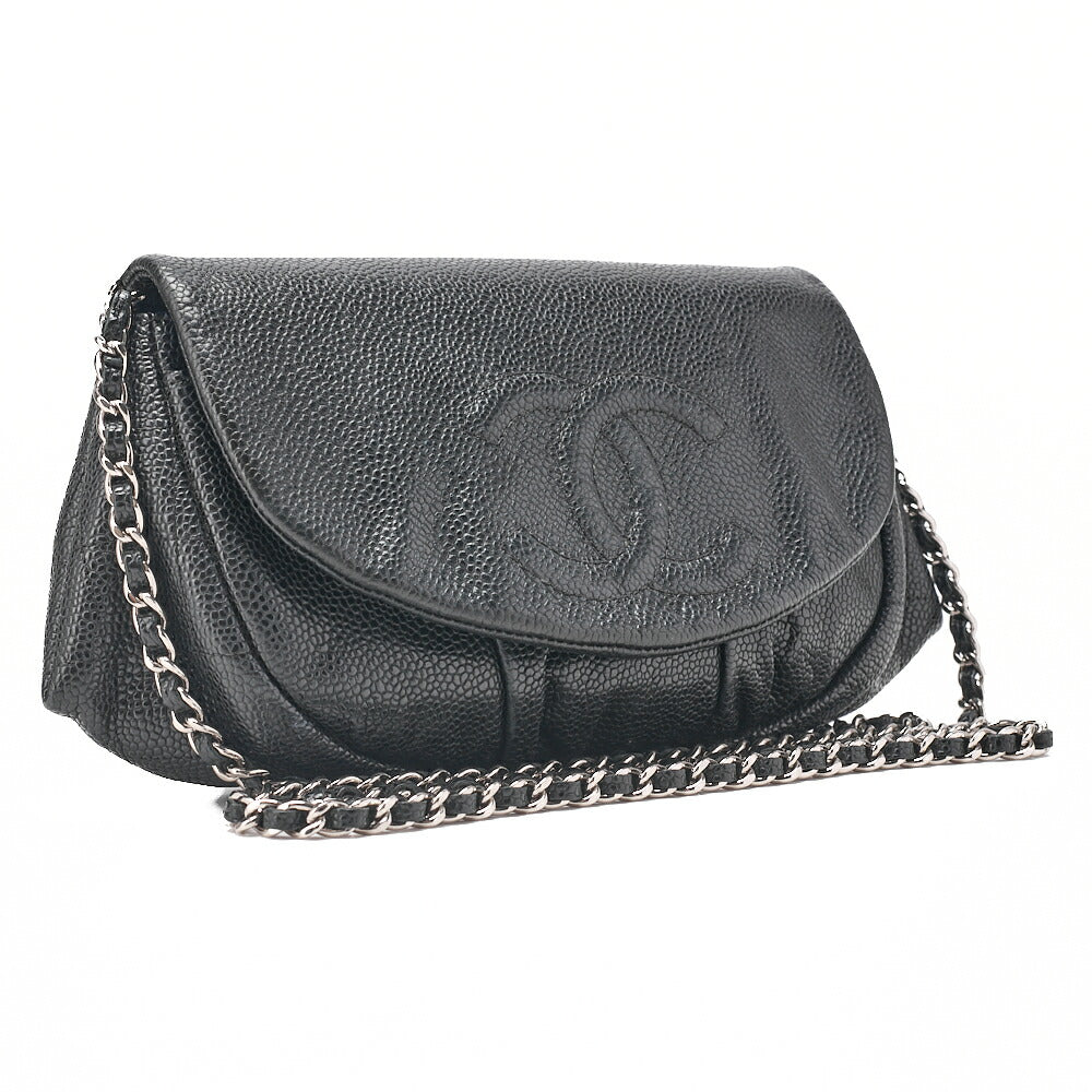 CHANEL Caviar Skin Coco Mark Half Moon Chain Wallet Black Silver-Tone Hardware, Pre-Owned