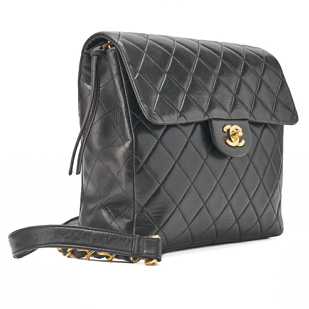 CHANEL Lambskin Matelasse Turn Lock Chain Backpack Black Gold-Tone Hardware, Pre-Owned