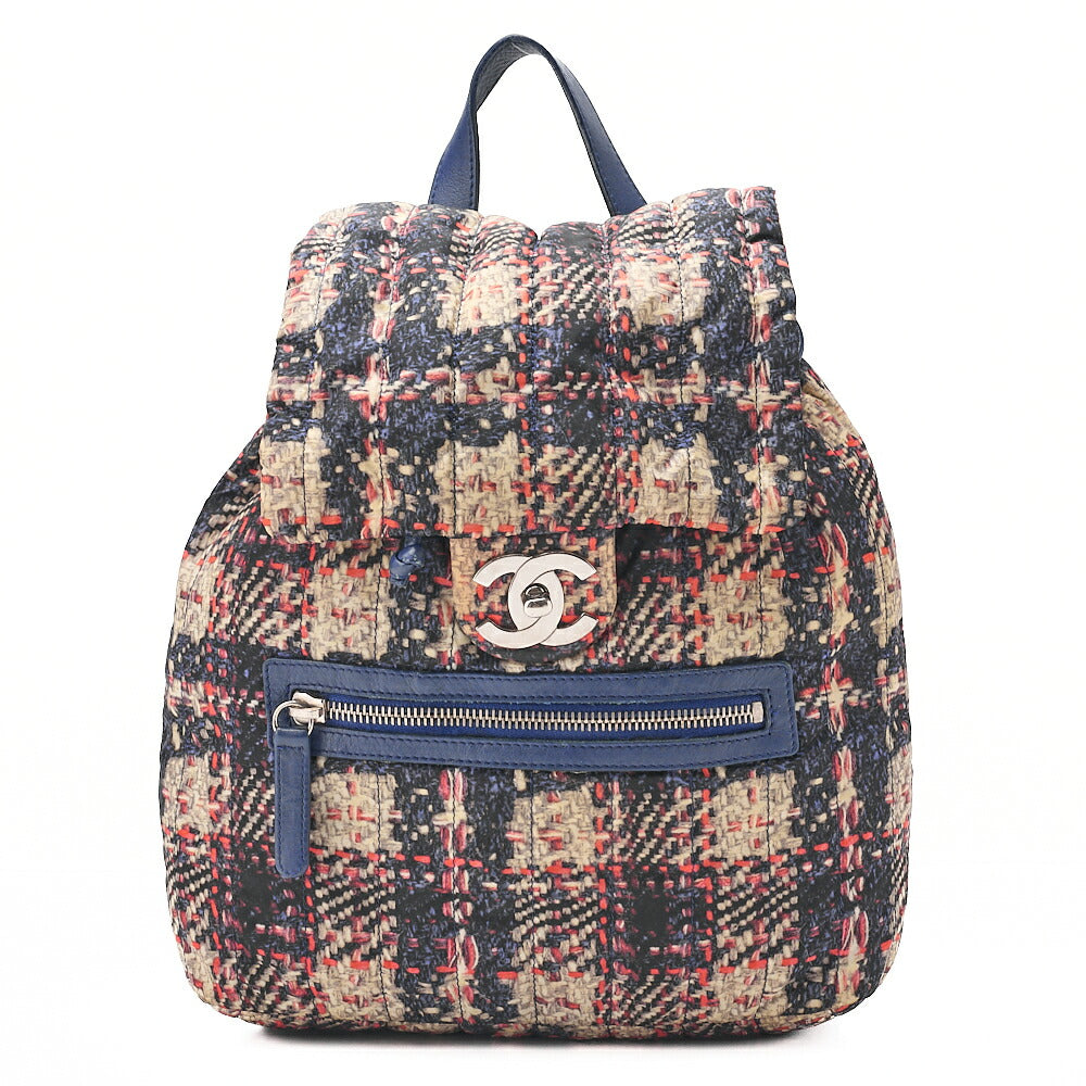 CHANEL Nylon x Lambskin Tweed Print Turn Lock Chain Backpack Bicolor Silver-Tone Hardware, Pre-Owned
