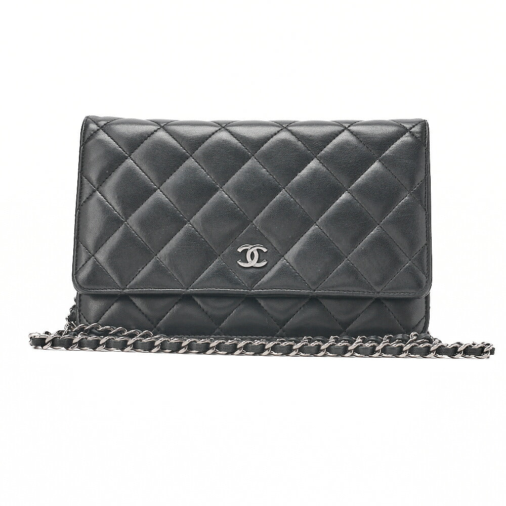 CHANEL Matelasse Chain Wallet Lambskin Black Silver-Tone Hardware, Pre-Owned