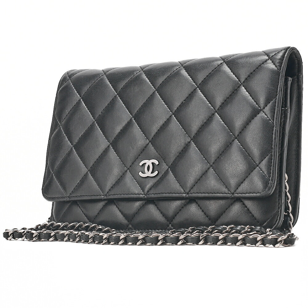 CHANEL Matelasse Chain Wallet Lambskin Black Silver-Tone Hardware, Pre-Owned