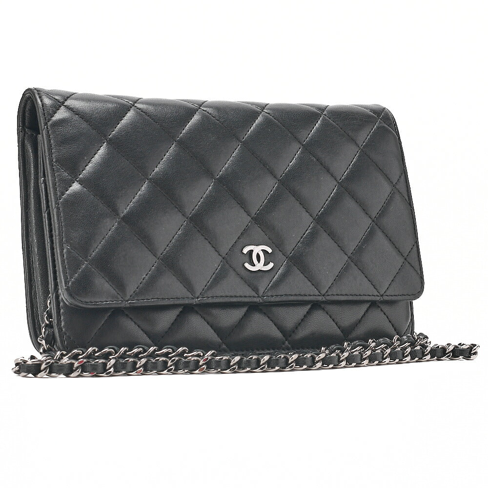 CHANEL Matelasse Chain Wallet Lambskin Black Silver-Tone Hardware, Pre-Owned