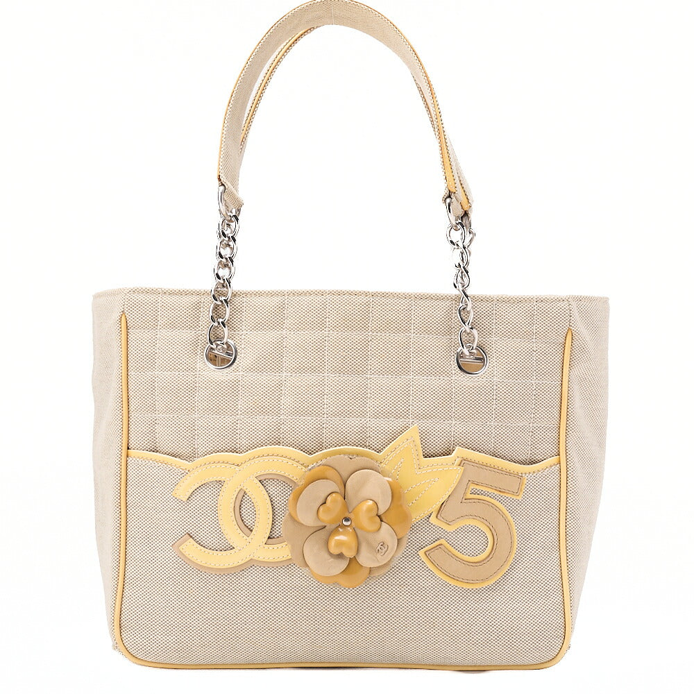 CHANEL Tote Bag Choco Bar Camellia No.5 Canvas Yellow x Beige Silver-Tone Hardware, Pre-Owned