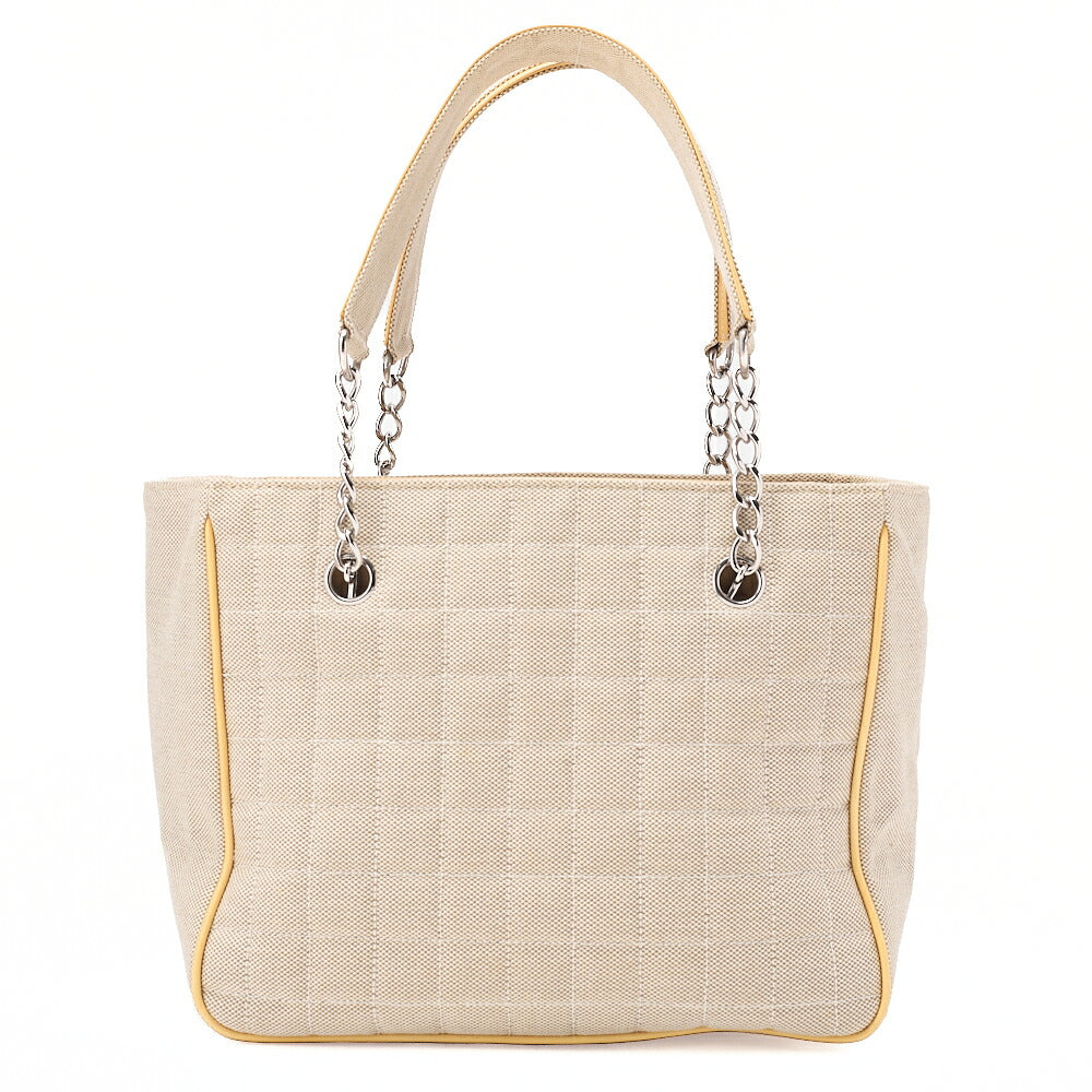 CHANEL Tote Bag Choco Bar Camellia No.5 Canvas Yellow x Beige Silver-Tone Hardware, Pre-Owned
