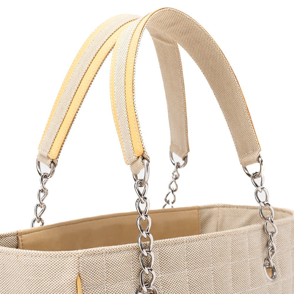 CHANEL Tote Bag Choco Bar Camellia No.5 Canvas Yellow x Beige Silver-Tone Hardware, Pre-Owned