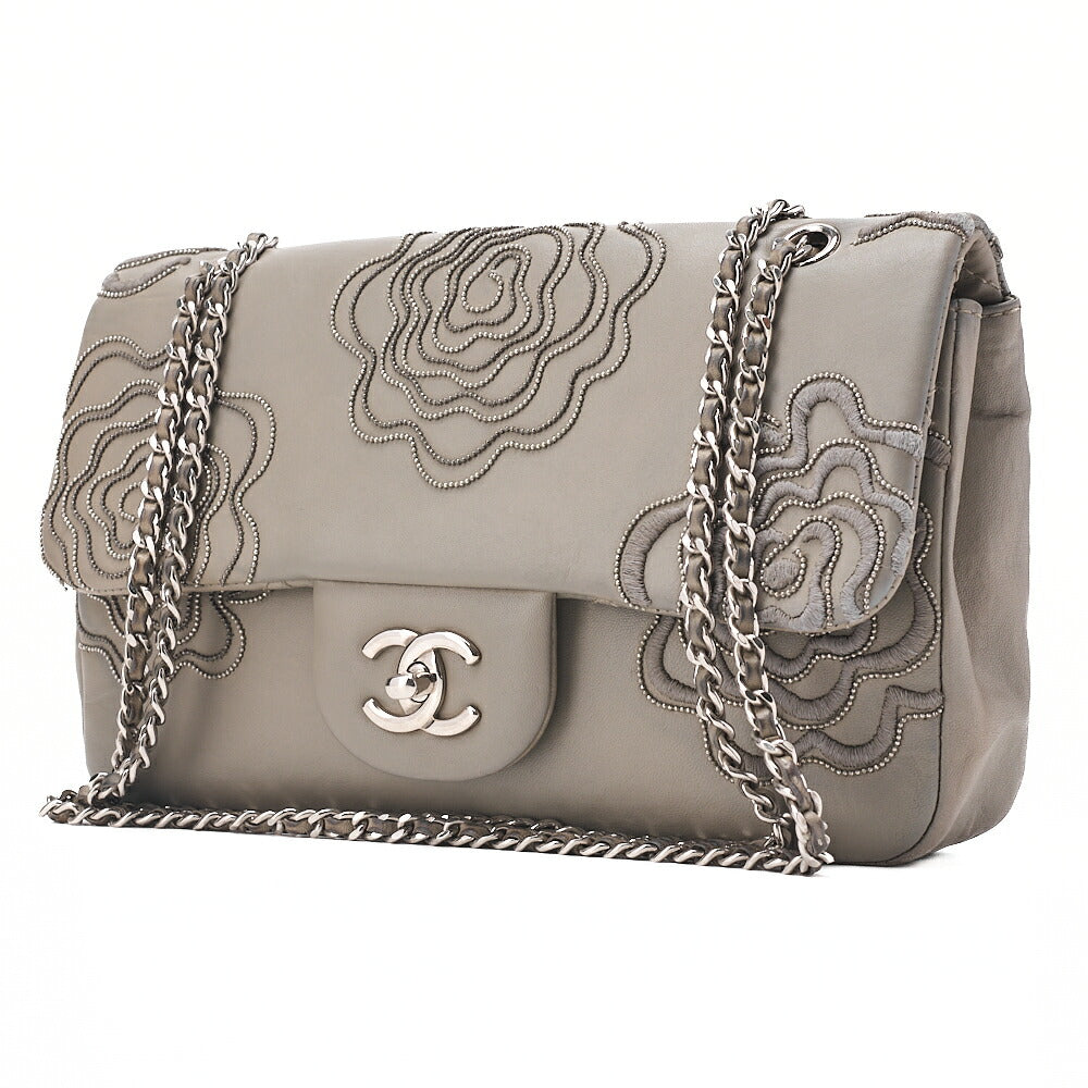 CHANEL Calfskin Follies Beads Embroidery Chain Shoulder Bag Gray Silver-Tone Hardware, Pre-Owned