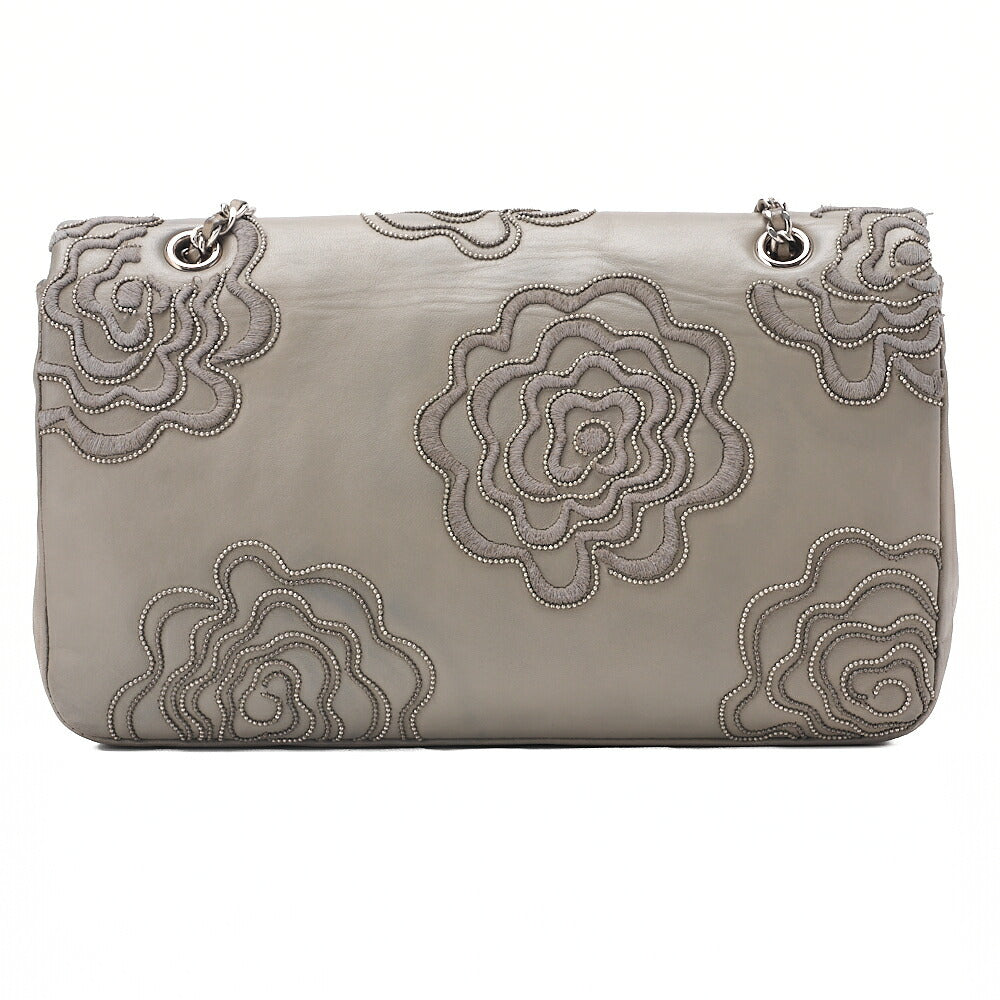 CHANEL Calfskin Follies Beads Embroidery Chain Shoulder Bag Gray Silver-Tone Hardware, Pre-Owned