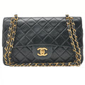 CHANEL Matelasse 23cm Double Flap Chain Shoulder Bag Lambskin Black Gold-Tone Hardware, Pre-Owned