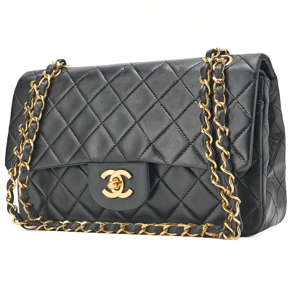 CHANEL Matelasse 23cm Double Flap Chain Shoulder Bag Lambskin Black Gold-Tone Hardware, Pre-Owned