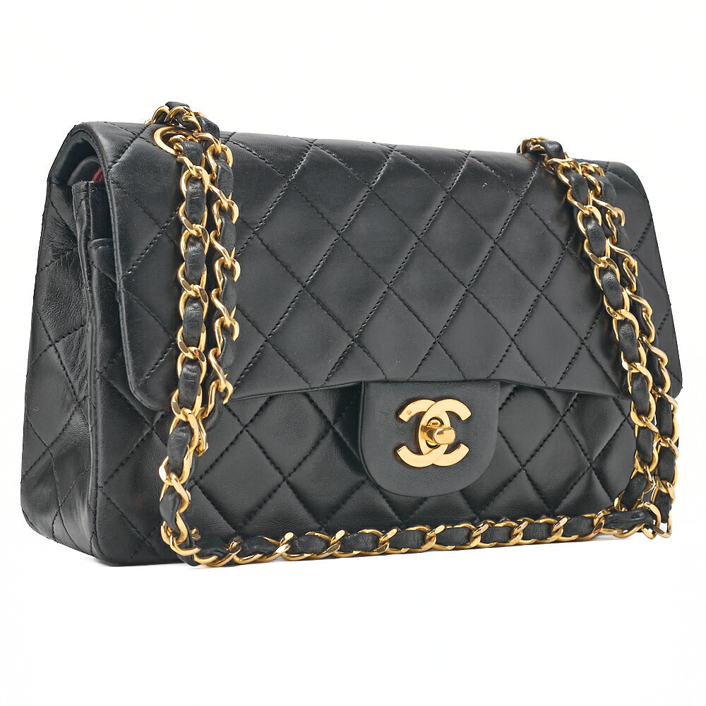 CHANEL Matelasse 23cm Double Flap Chain Shoulder Bag Lambskin Black Gold-Tone Hardware, Pre-Owned