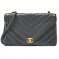 CHANEL Lambskin V-Stitch V-Flap Turn Lock Shoulder Bag Black Gold-Tone Hardware, Pre-Owned