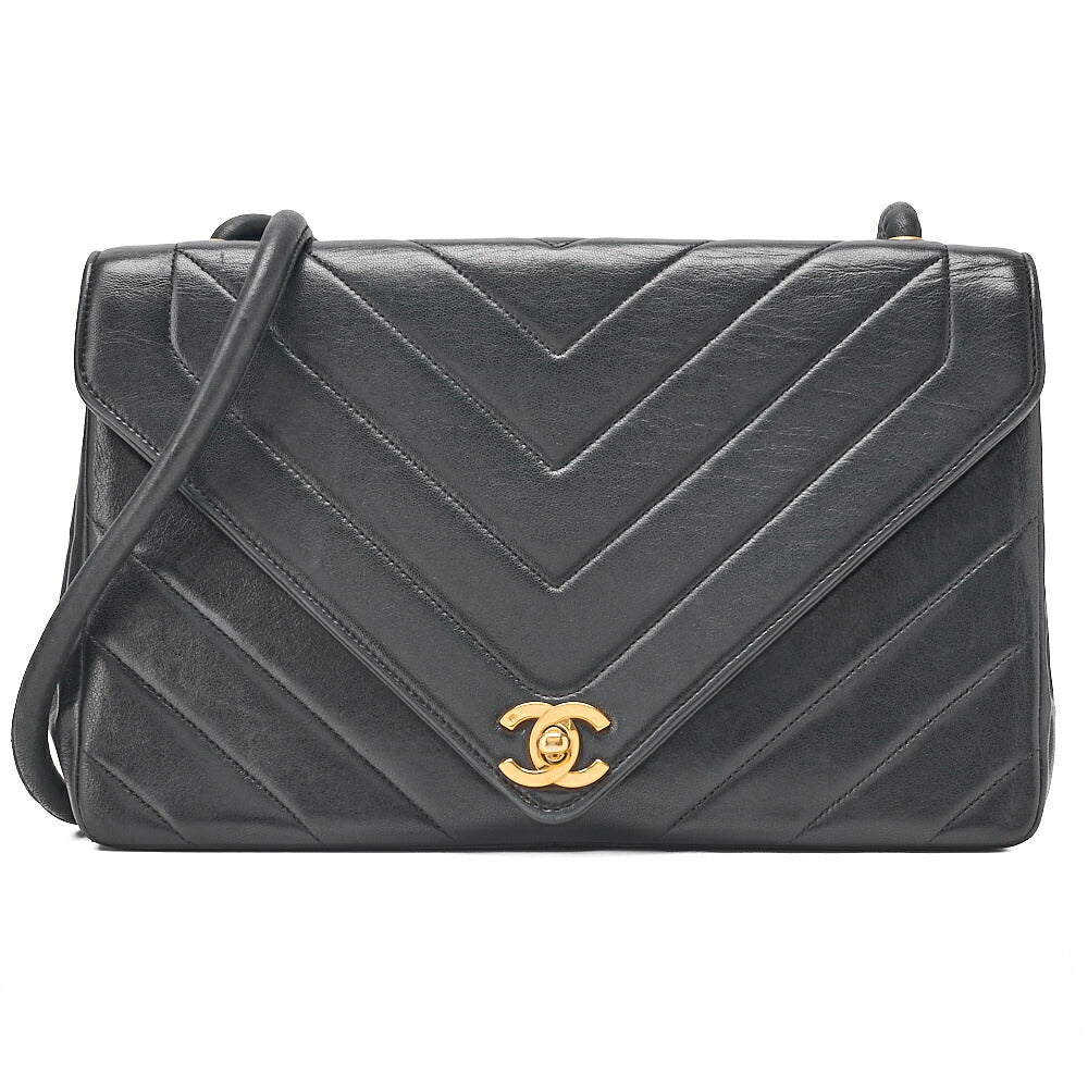 CHANEL Lambskin V-Stitch V-Flap Turn Lock Shoulder Bag Black Gold-Tone Hardware, Pre-Owned