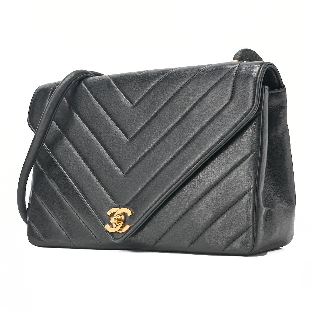 CHANEL Lambskin V-Stitch V-Flap Turn Lock Shoulder Bag Black Gold-Tone Hardware, Pre-Owned