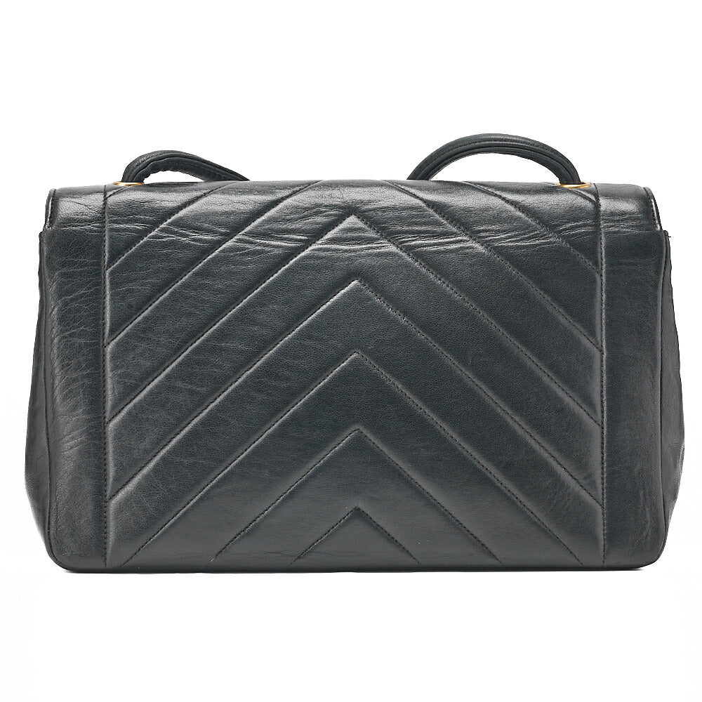 CHANEL Lambskin V-Stitch V-Flap Turn Lock Shoulder Bag Black Gold-Tone Hardware, Pre-Owned
