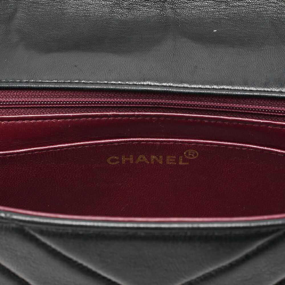 CHANEL Lambskin V-Stitch V-Flap Turn Lock Shoulder Bag Black Gold-Tone Hardware, Pre-Owned