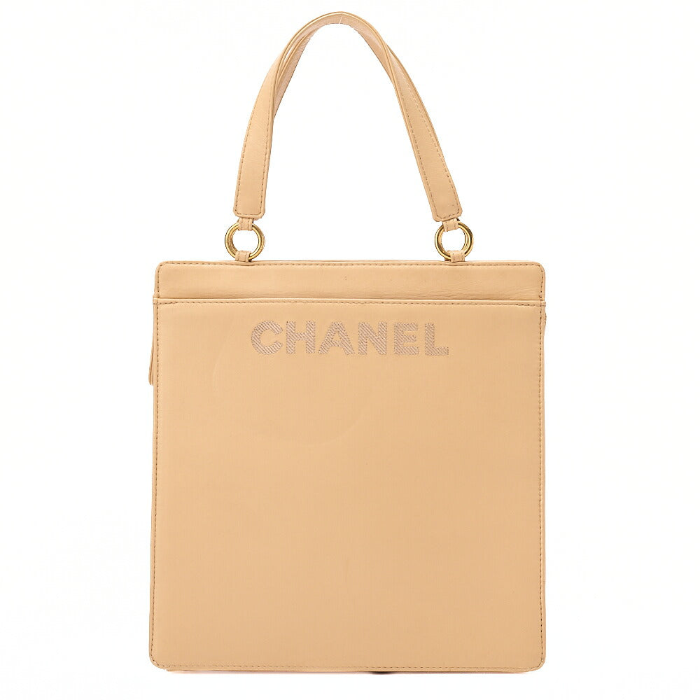 CHANEL Lambskin Logo Handbag Beige Gold-Tone Hardware, Pre-Owned