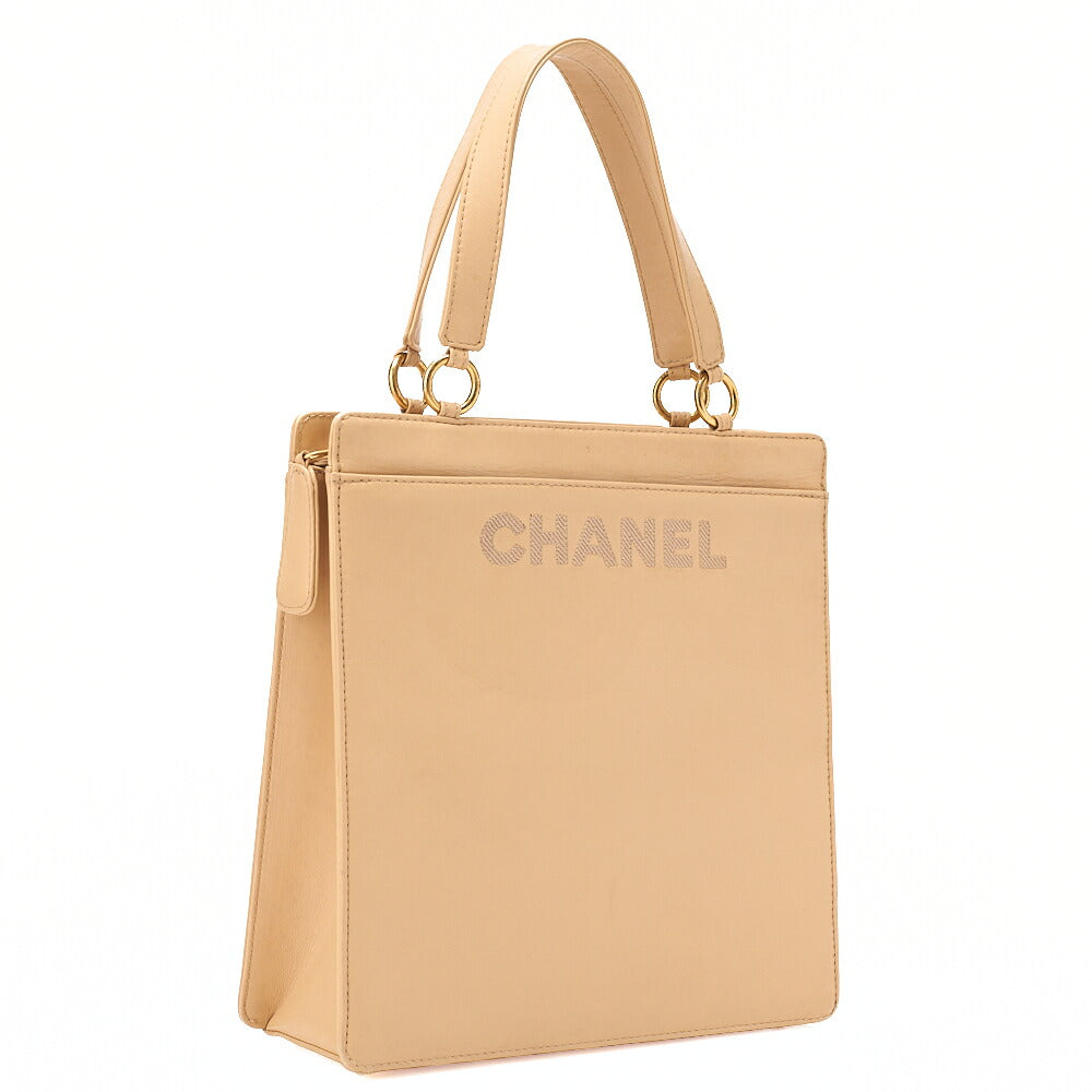 CHANEL Lambskin Logo Handbag Beige Gold-Tone Hardware, Pre-Owned