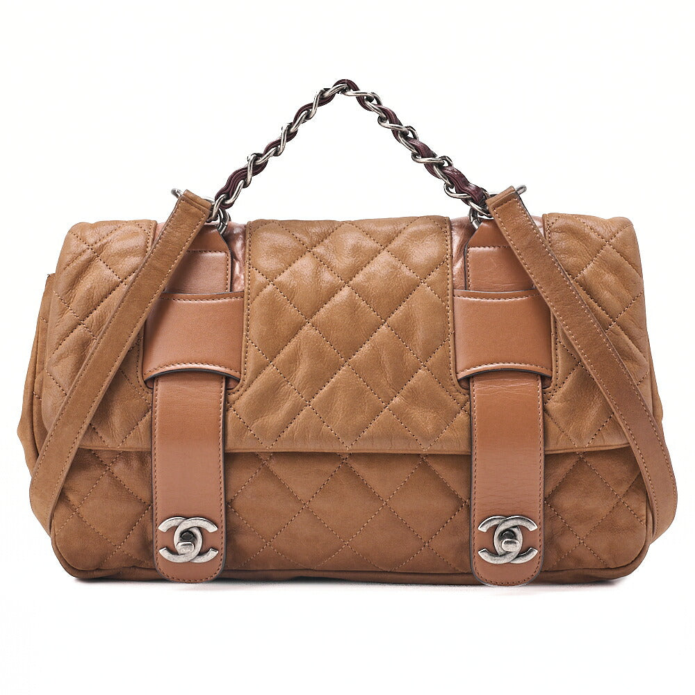 CHANEL Sparkle Leather Double Turn Lock 2-Way Chain Shoulder Brown Silver-Tone Hardware, Pre-Owned