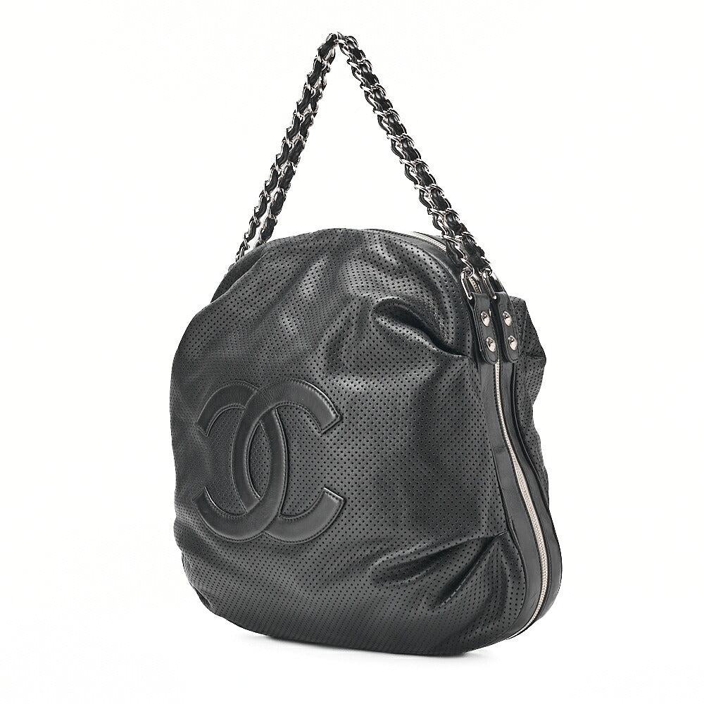 CHANEL Lambskin Punching Coco Mark Coco Charm Chain Handbag Black Silver-Tone Hardware, Pre-Owned