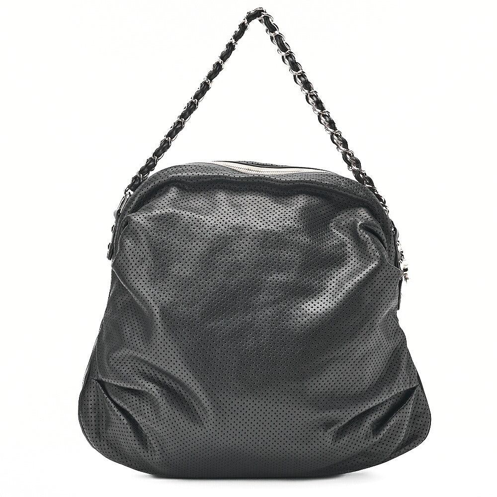 CHANEL Lambskin Punching Coco Mark Coco Charm Chain Handbag Black Silver-Tone Hardware, Pre-Owned