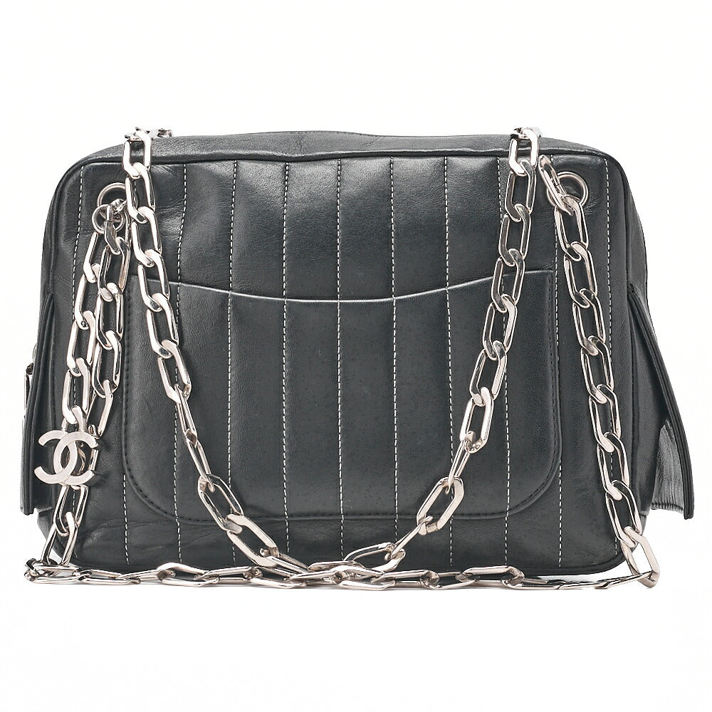 CHANEL Lambskin New Mademoiselle Coco Charm Shoulder Bag Black Silver-Tone Hardware, Pre-Owned