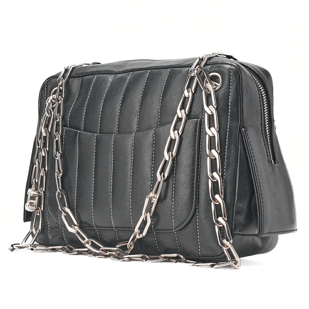 CHANEL Lambskin New Mademoiselle Coco Charm Shoulder Bag Black Silver-Tone Hardware, Pre-Owned