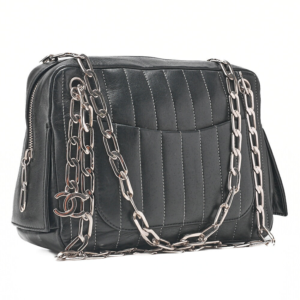 CHANEL Lambskin New Mademoiselle Coco Charm Shoulder Bag Black Silver-Tone Hardware, Pre-Owned