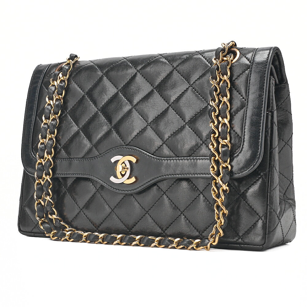 CHANEL Lambskin Matelasse Paris Limited Double Flap Chain Shoulder Bag Black Gold-Tone Hardware, Pre-Owned
