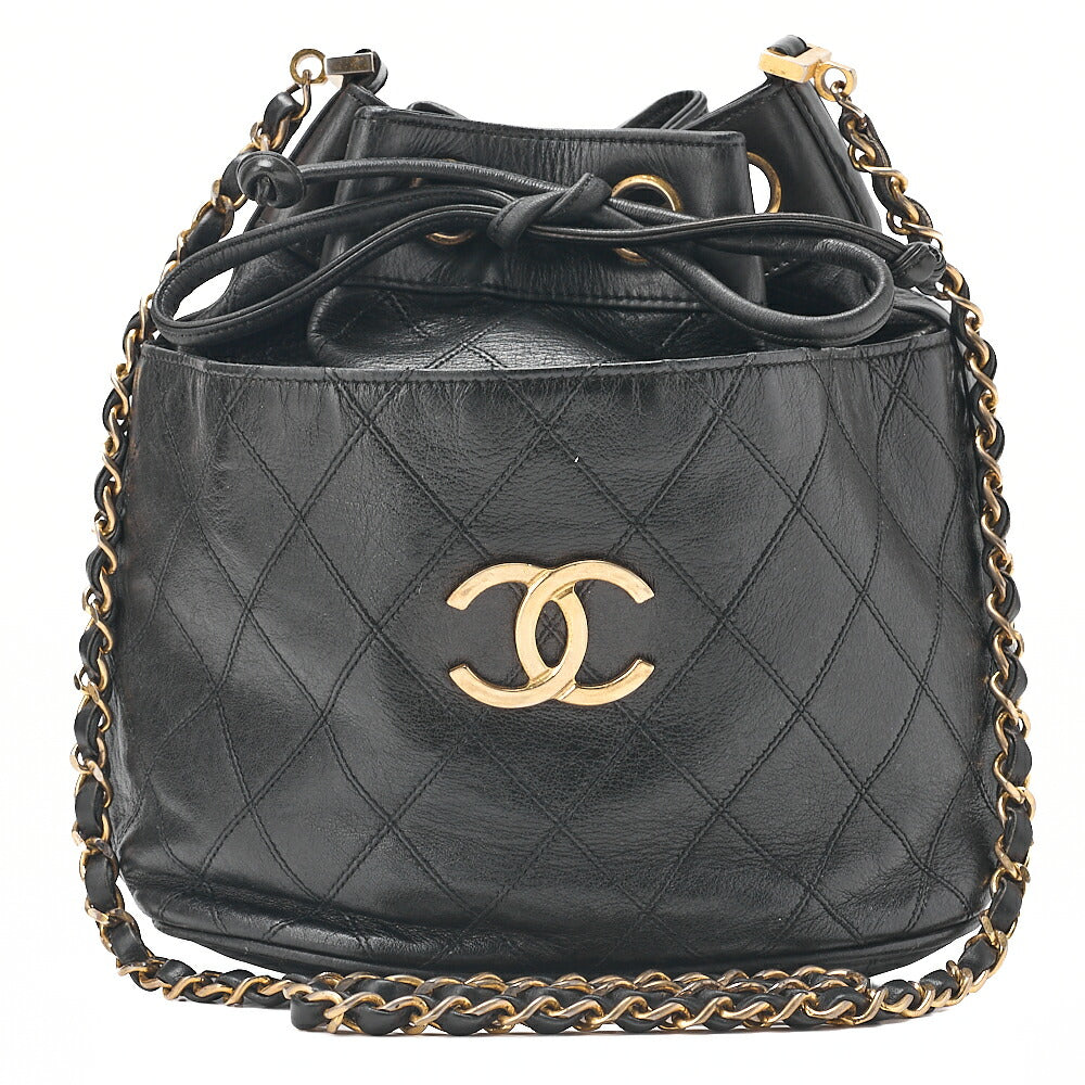 CHANEL Lambskin Matelasse Bicolore Drawstring Style Chain Shoulder Black Gold-Tone Hardware, Pre-Owned