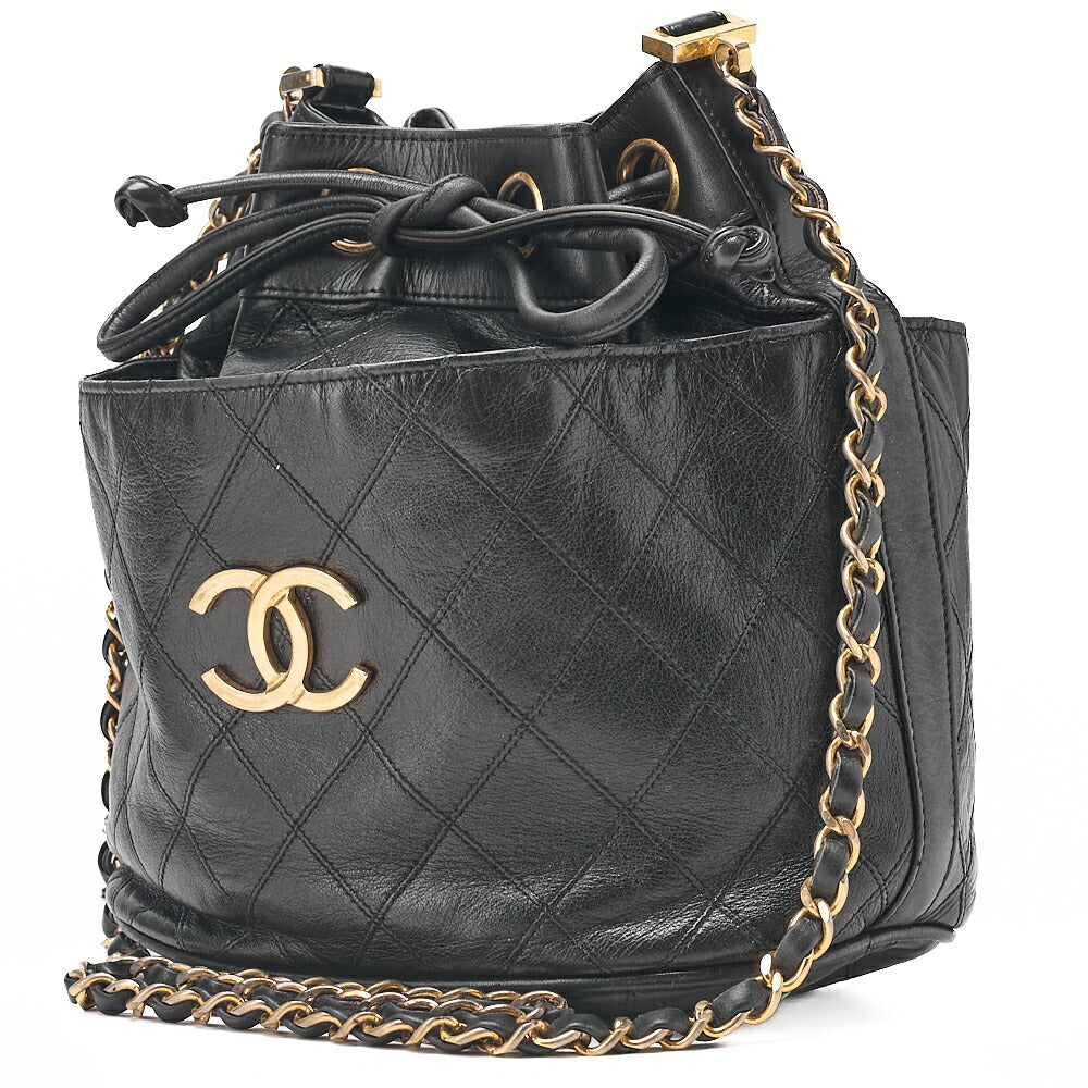 CHANEL Lambskin Matelasse Bicolore Drawstring Style Chain Shoulder Black Gold-Tone Hardware, Pre-Owned
