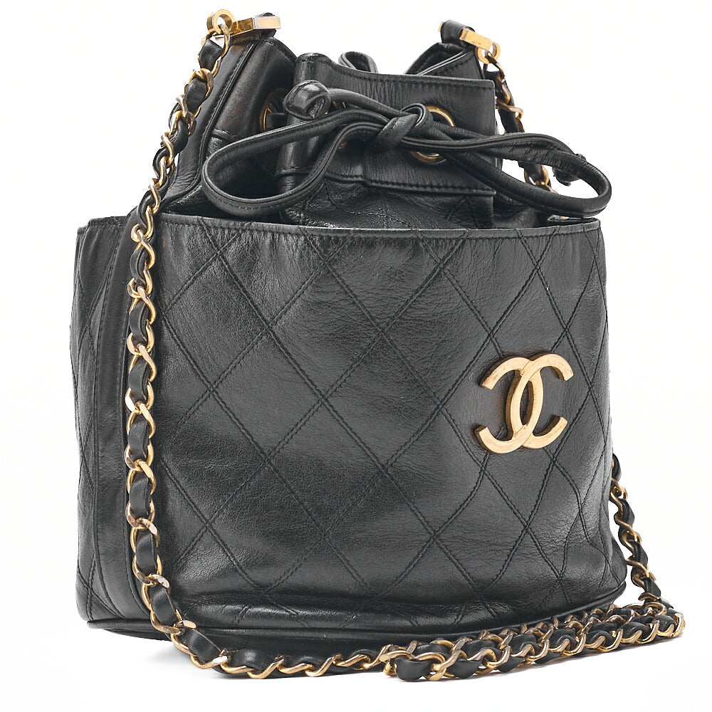 CHANEL Lambskin Matelasse Bicolore Drawstring Style Chain Shoulder Black Gold-Tone Hardware, Pre-Owned