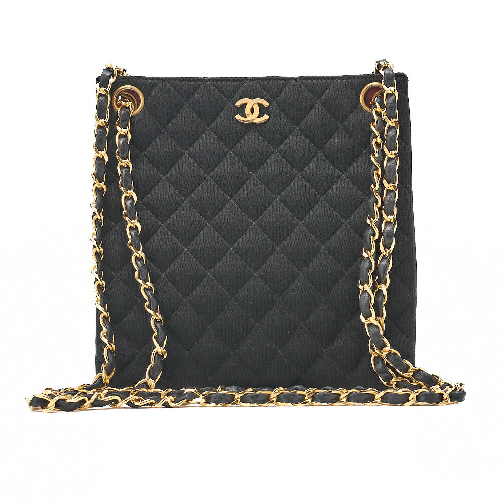 CHANEL Lambskin x Cotton Matelasse Coco Mark Double Chain Shoulder Bag Black Gold-Tone Hardware, Pre-Owned