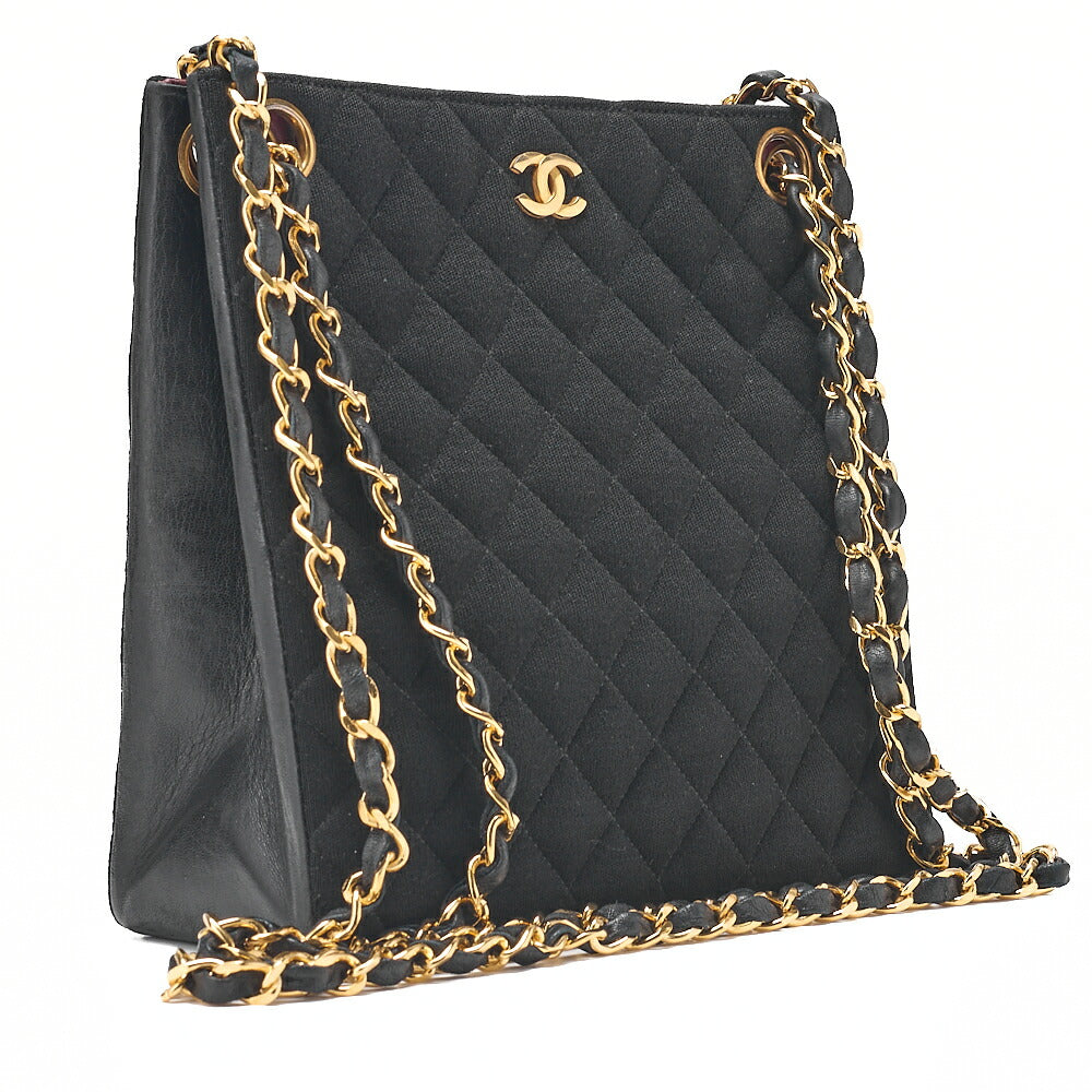 CHANEL Lambskin x Cotton Matelasse Coco Mark Double Chain Shoulder Bag Black Gold-Tone Hardware, Pre-Owned