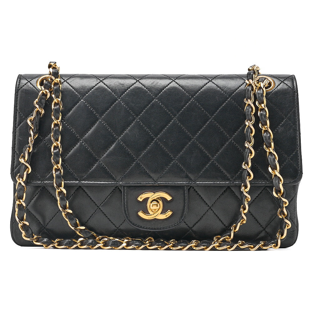 CHANEL Lambskin Matelasse Straight Flap Tang Lock Double Flap Chain Shoulder Bag Black Gold-Tone Hardware, Pre-Owned