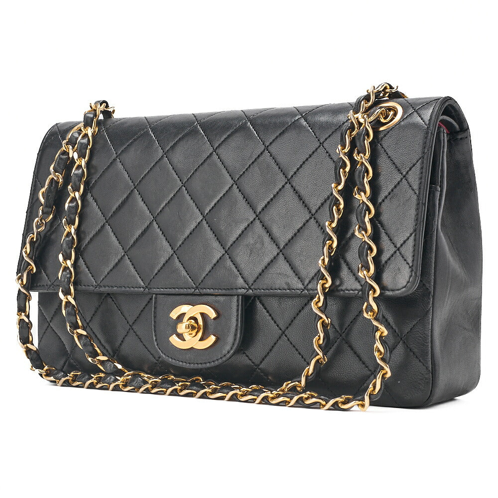 CHANEL Lambskin Matelasse Straight Flap Tang Lock Double Flap Chain Shoulder Bag Black Gold-Tone Hardware, Pre-Owned