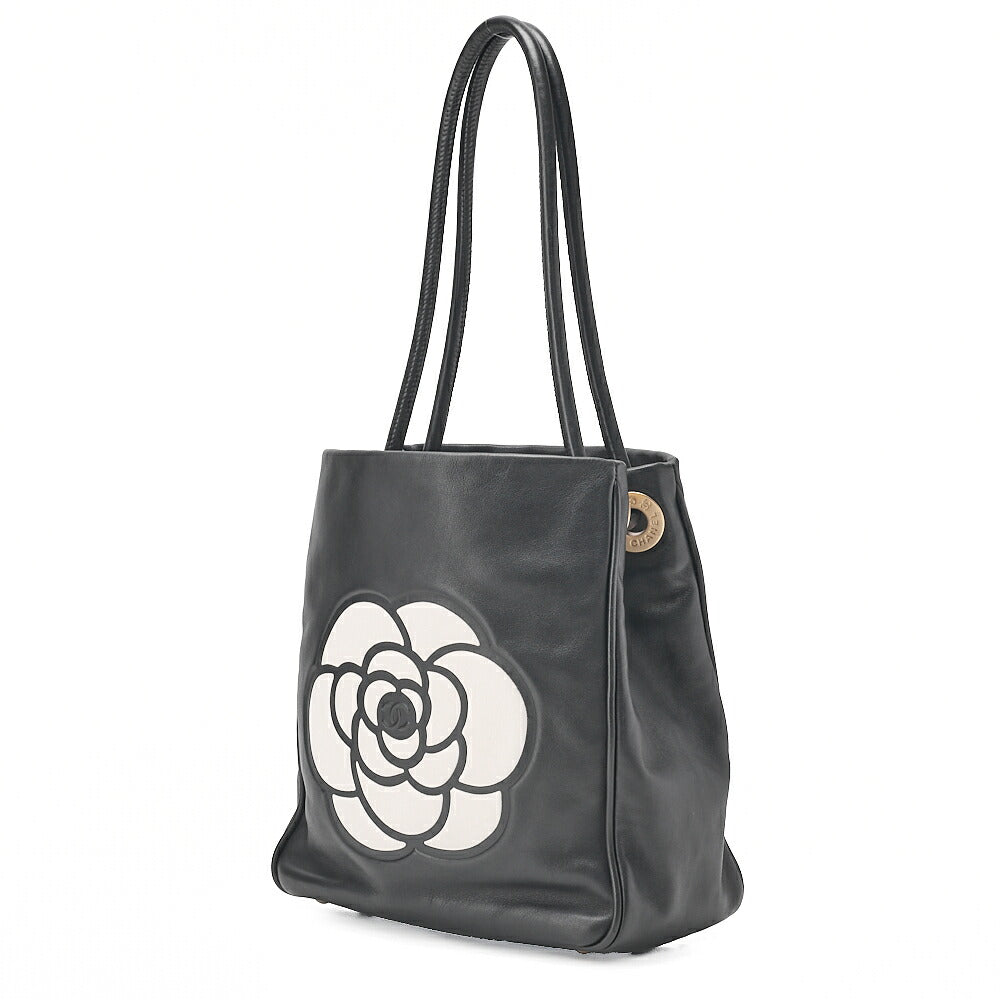CHANEL Camellia Line Tote Bag Lambskin Black x White Gold-Tone Hardware, Pre-Owned