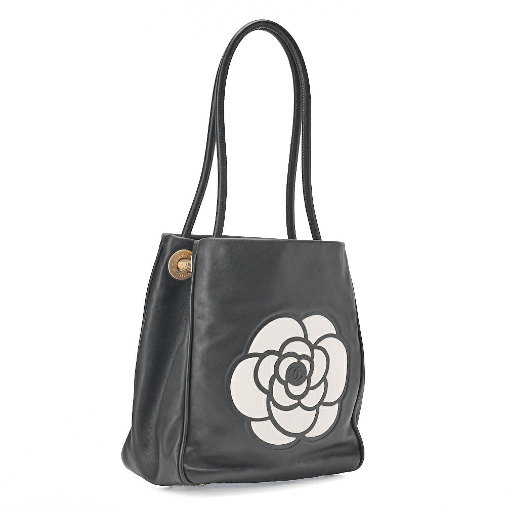 CHANEL Camellia Line Tote Bag Lambskin Black x White Gold-Tone Hardware, Pre-Owned