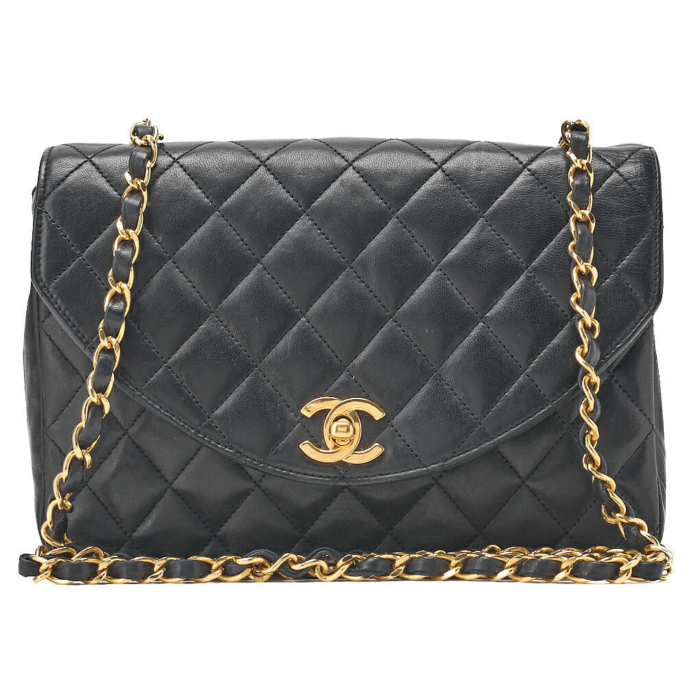 CHANEL Lambskin Matelasse Round Flap Chain Shoulder Black Gold-Tone Hardware, Pre-Owned