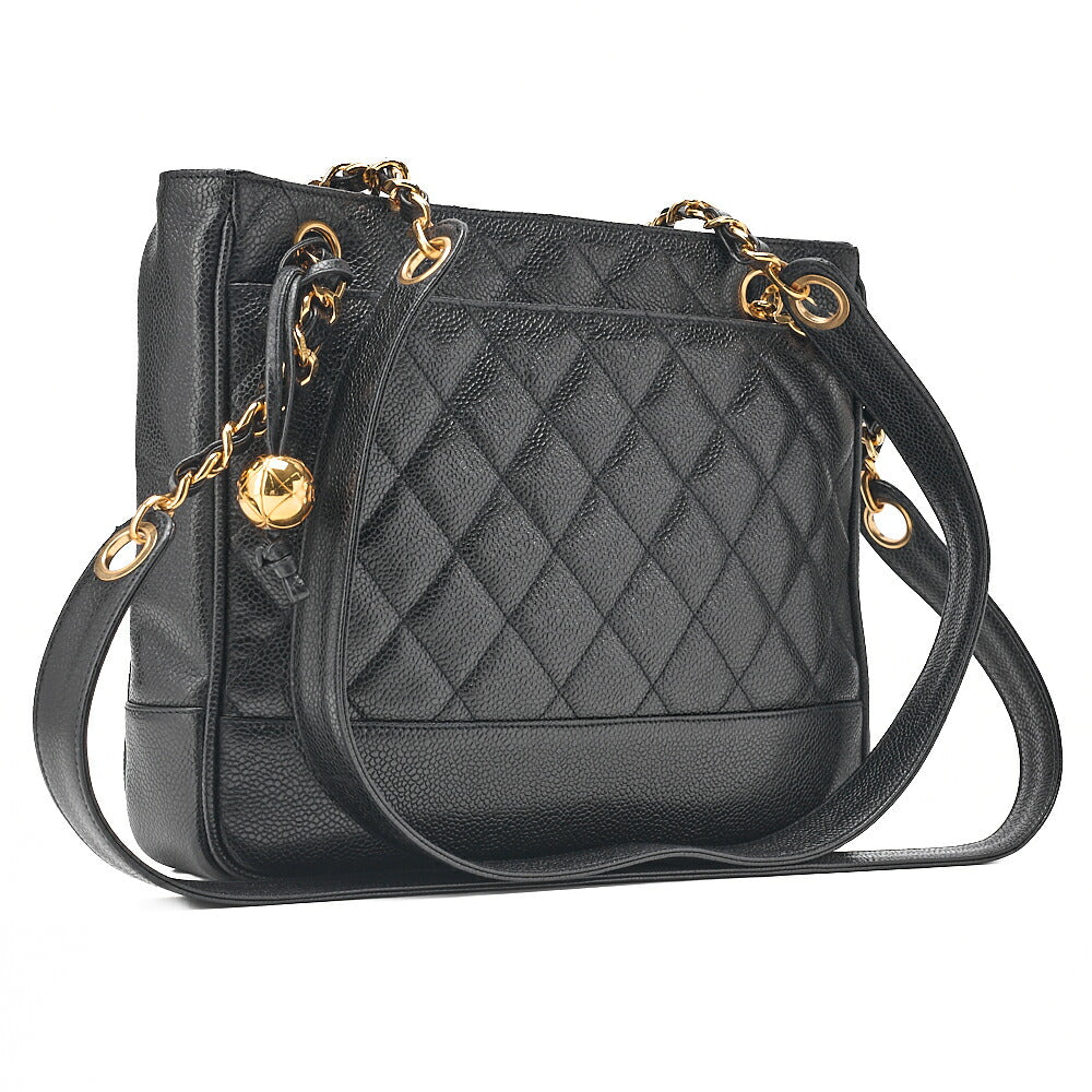 CHANEL Matelasse Chain Shoulder with Ball Charm Caviar Skin Black Gold-Tone Hardware, Pre-Owned