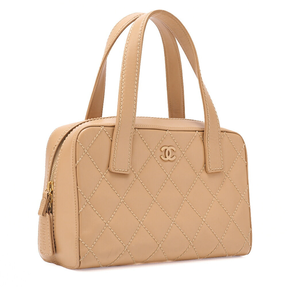 CHANEL Coco Mark Wild Stitch Handbag Calf Leather Beige Gold-Tone Hardware, Pre-Owned