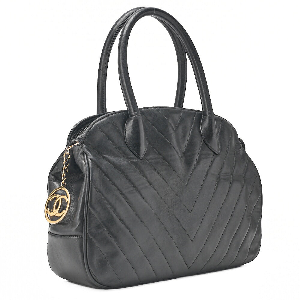 CHANEL Lambskin V-Stitch with Circle Charm Handbag Black Gold-Tone Hardware, Pre-Owned