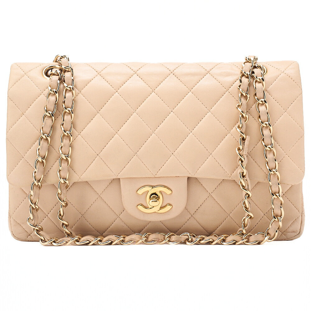 CHANEL Lambskin Matelasse Double Flap 25cm Chain Shoulder Beige Gold-Tone Hardware, Pre-Owned